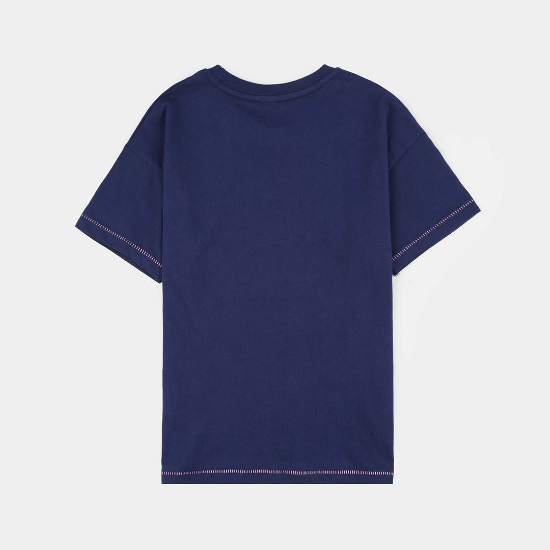 Girls Jersey/Terry T-Shirt (Stitch) - Navy Blue