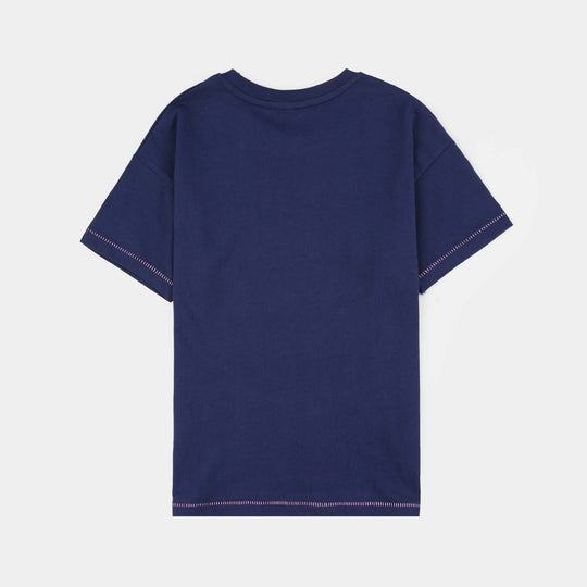Girls Jersey/Terry T-Shirt (Stitch) - Navy Blue