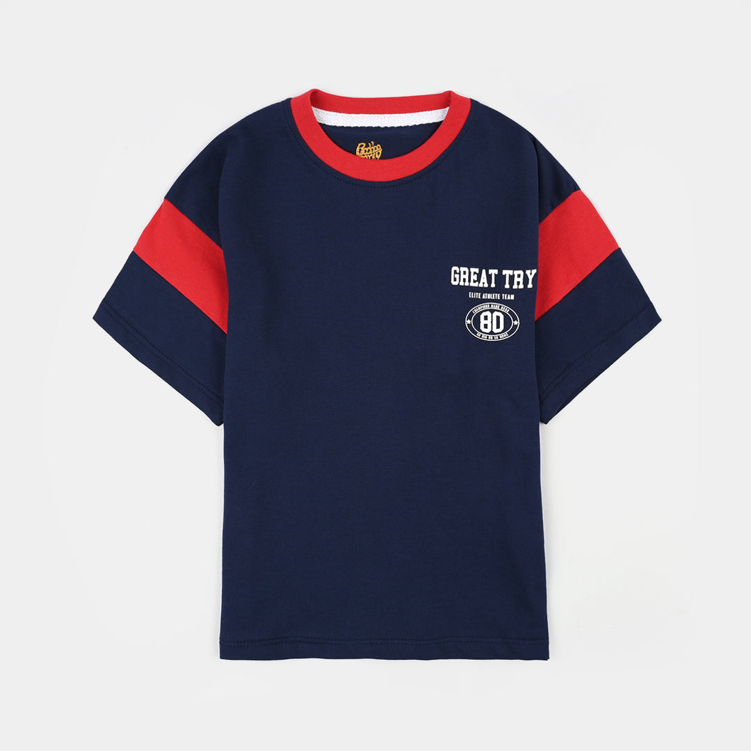 Boys Cotton Jersey T-Shirt H/S Great Try-NAVY