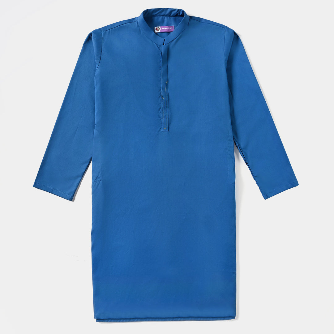 Boys Cotton Poplin Basic Kurta (Running Stitch)-Blue