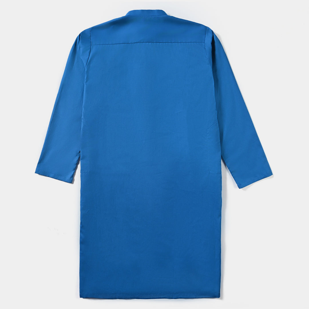 Boys Cotton Poplin Basic Kurta (Running Stitch)-Blue