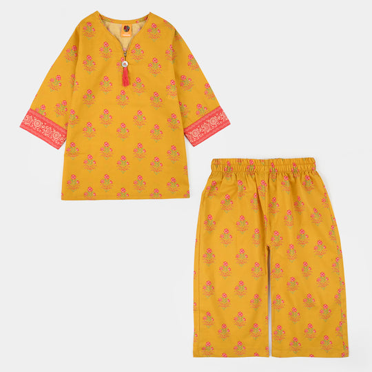 Girls Cotton Poplin Printed 2Piece Botanical -Yellow