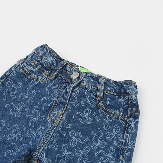 Infant Girls Denim Stretch Pants (All Over Bow) - Mid Blue