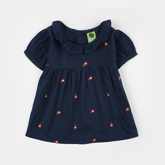 Infant Girls Cotton Embroidered Top (Blue Birds) - Navy Blue