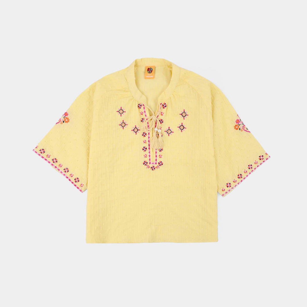 Girls Cotton Brochia Emb Top Mango-Yellow