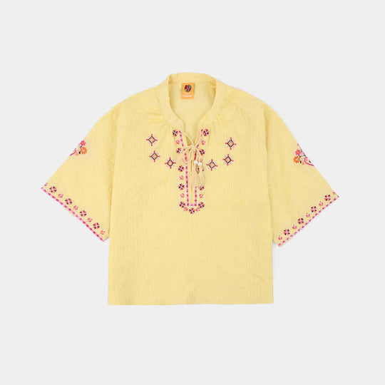 Girls Cotton Brochia Emb Top Mango-Yellow