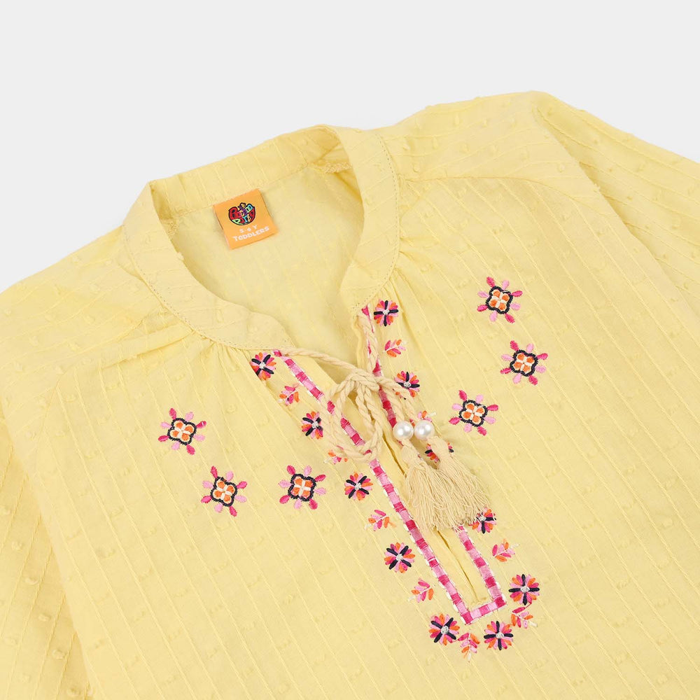 Girls Cotton Brochia Emb Top Mango-Yellow
