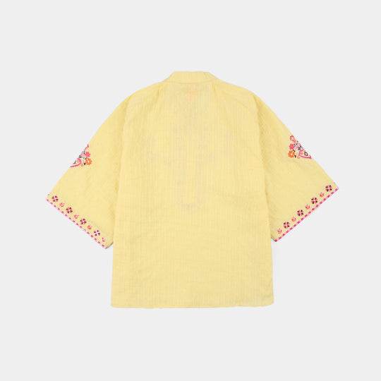Girls Cotton Brochia Emb Top Mango-Yellow