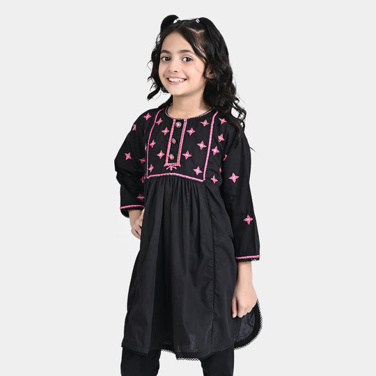 Girls Cotton Poplin EMB Long Kurti Surma-BLACK