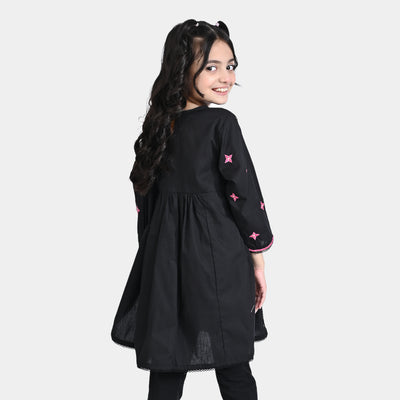 Girls Cotton Poplin EMB Long Kurti Surma-BLACK