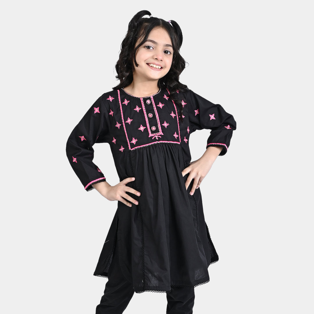 Girls Cotton Poplin EMB Long Kurti Surma-BLACK