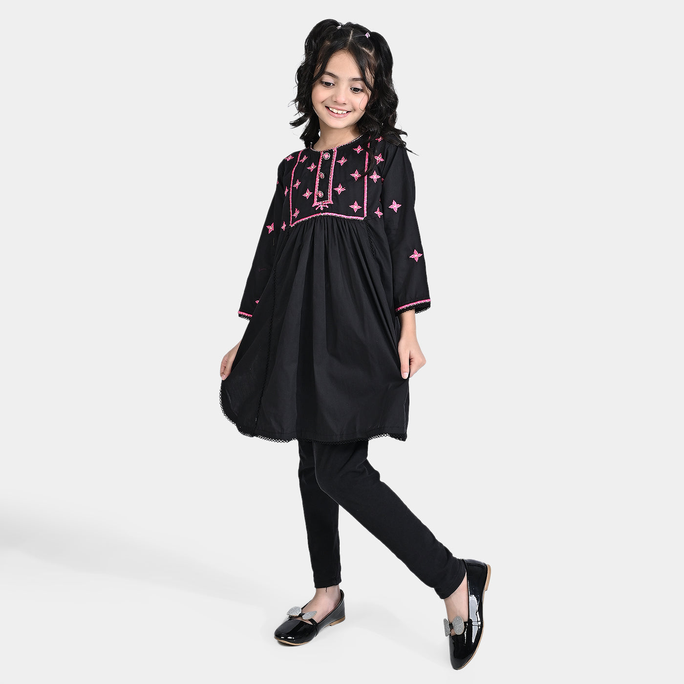 Girls Cotton Poplin EMB Long Kurti Surma-BLACK