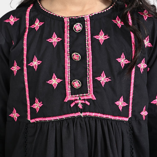 Girls Cotton Poplin EMB Long Kurti Surma-BLACK