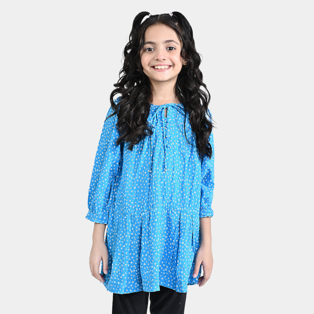 Girls Poly Cotton Casual Frock Frosting-Blue