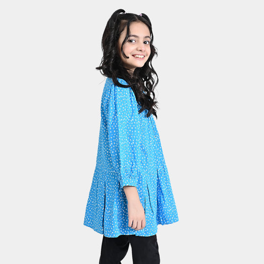 Girls Poly Cotton Casual Frock Frosting-Blue