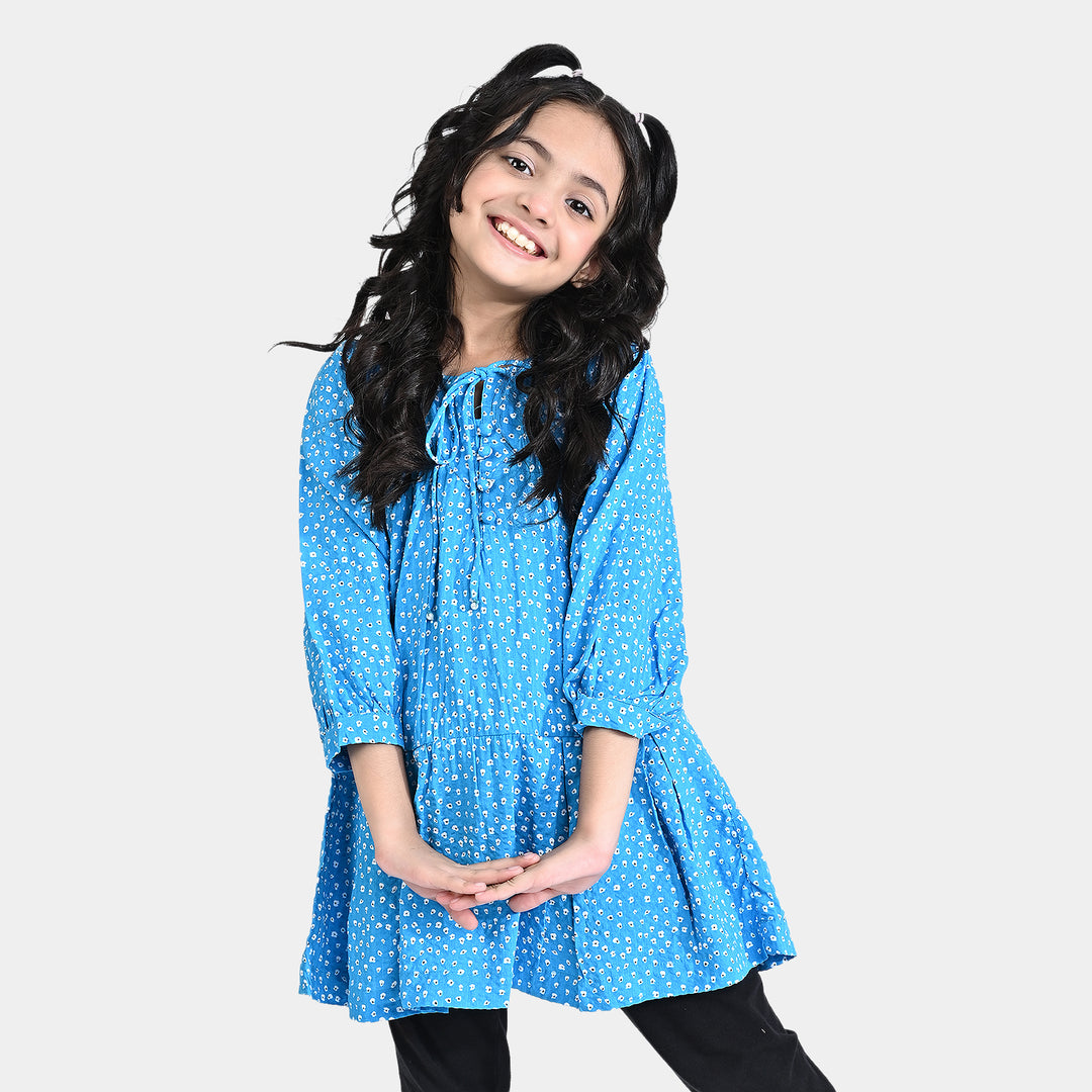 Girls Poly Cotton Casual Frock Frosting-Blue