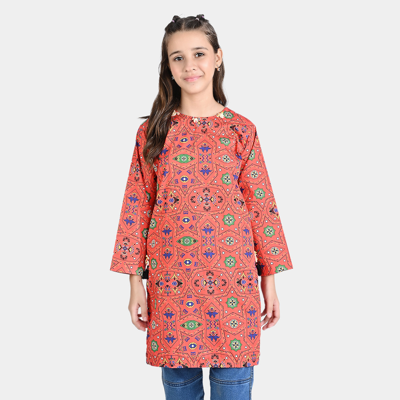 Girls Cotton Poplin Printed Kurti Fusion Art-Multi