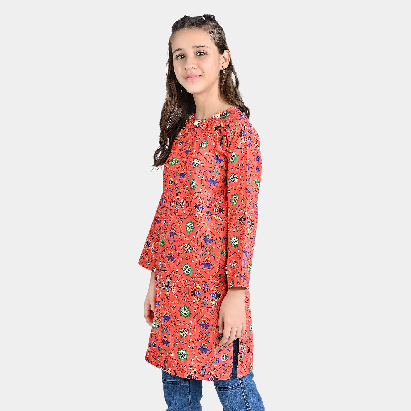 Girls Cotton Poplin Printed Kurti Fusion Art-Multi