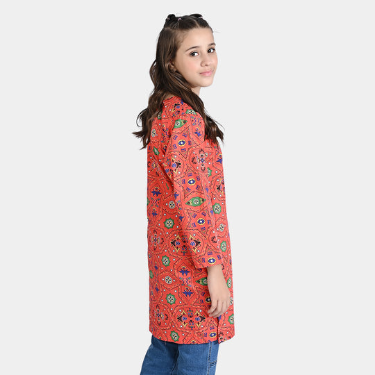 Girls Cotton Poplin Printed Kurti Fusion Art-Multi