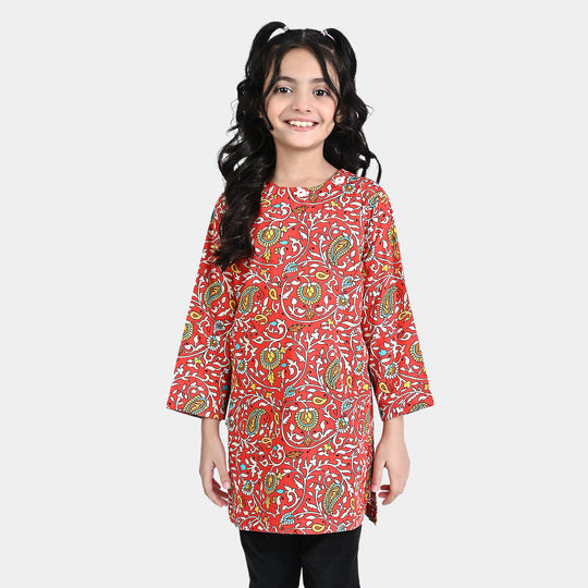 Girls Cotton Poplin Printed Kurti Scarlet-Multi