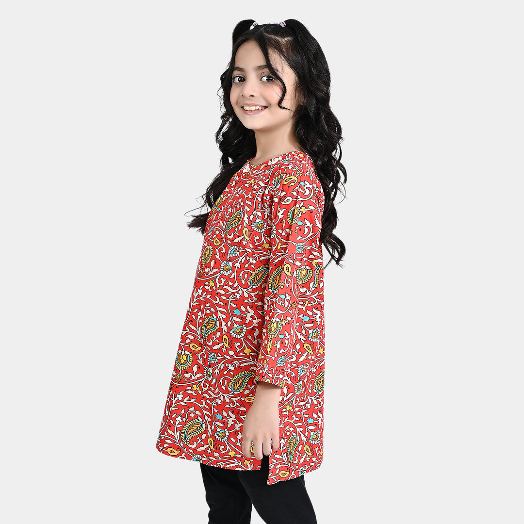 Girls Cotton Poplin Printed Kurti Scarlet-Multi