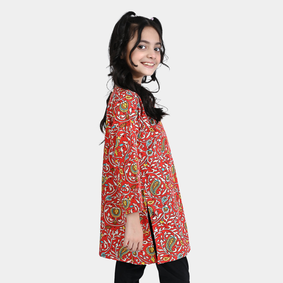 Girls Cotton Poplin Printed Kurti Scarlet-Multi