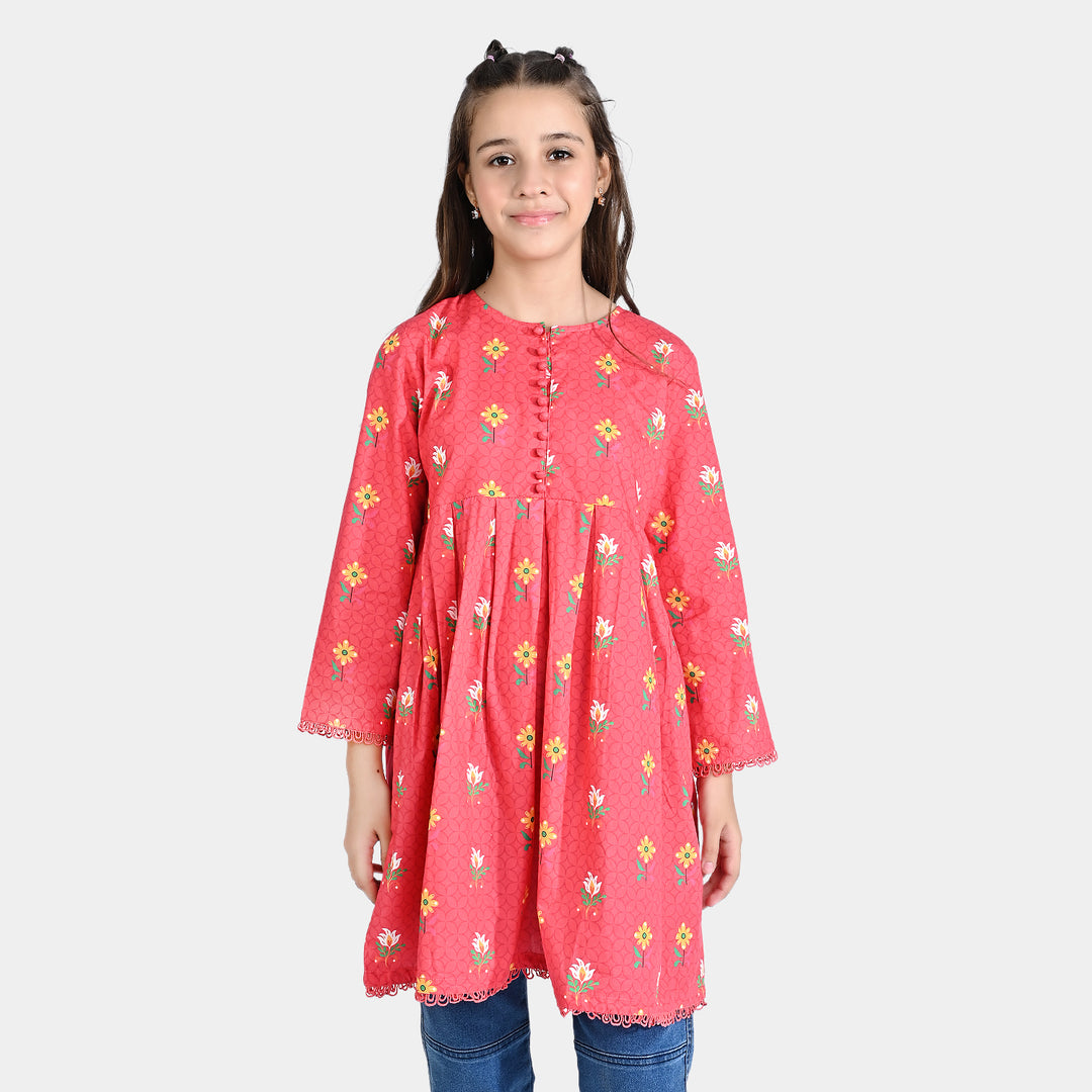 Girls Cotton Poplin Printed Kurti Mehrab-Red