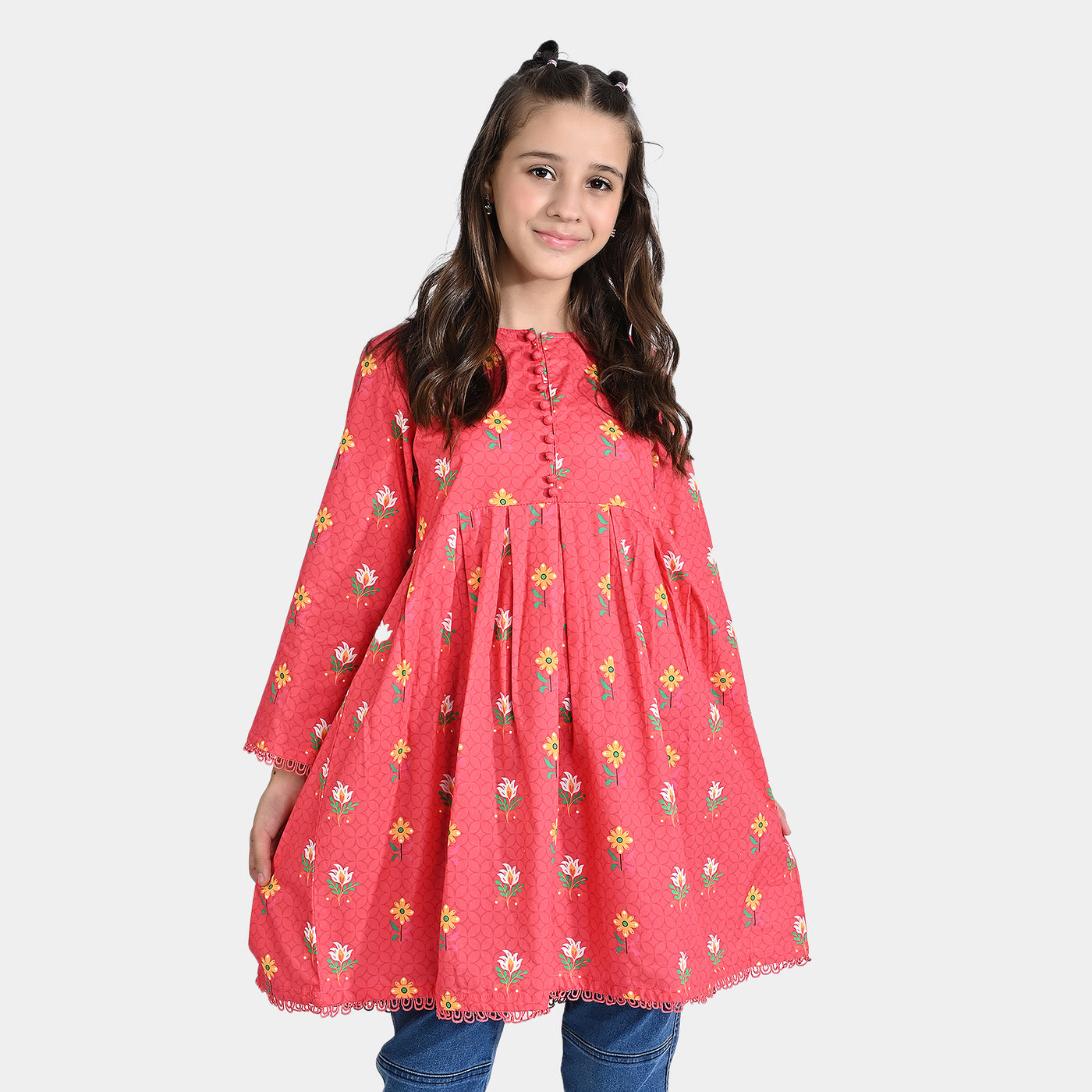 Girls Cotton Poplin Printed Kurti Mehrab-Red