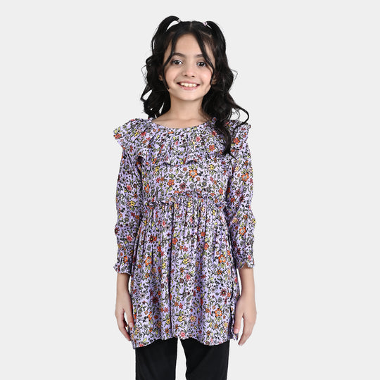 Girls Viscose Casual Frock Fan Flowers-Multi