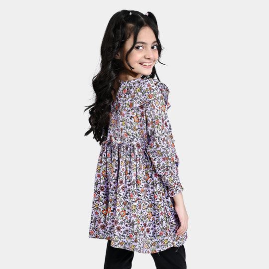 Girls Viscose Casual Frock Fan Flowers-Multi