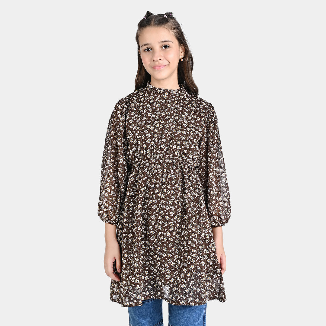 Girls Chiffon Casual Frock Mock Neck-BROWN