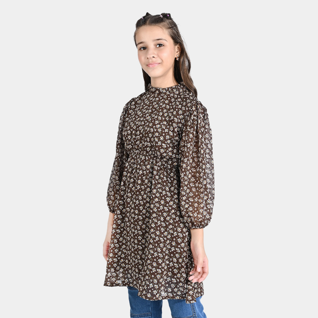 Girls Chiffon Casual Frock Mock Neck-BROWN