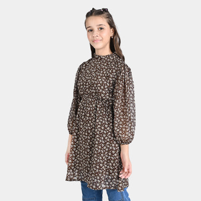 Girls Chiffon Casual Frock Mock Neck-BROWN