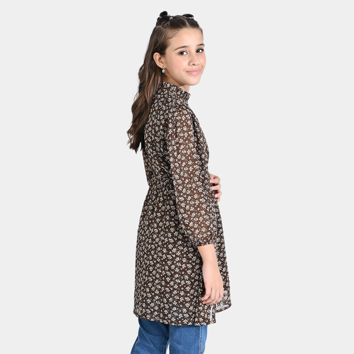 Girls Chiffon Casual Frock Mock Neck-BROWN