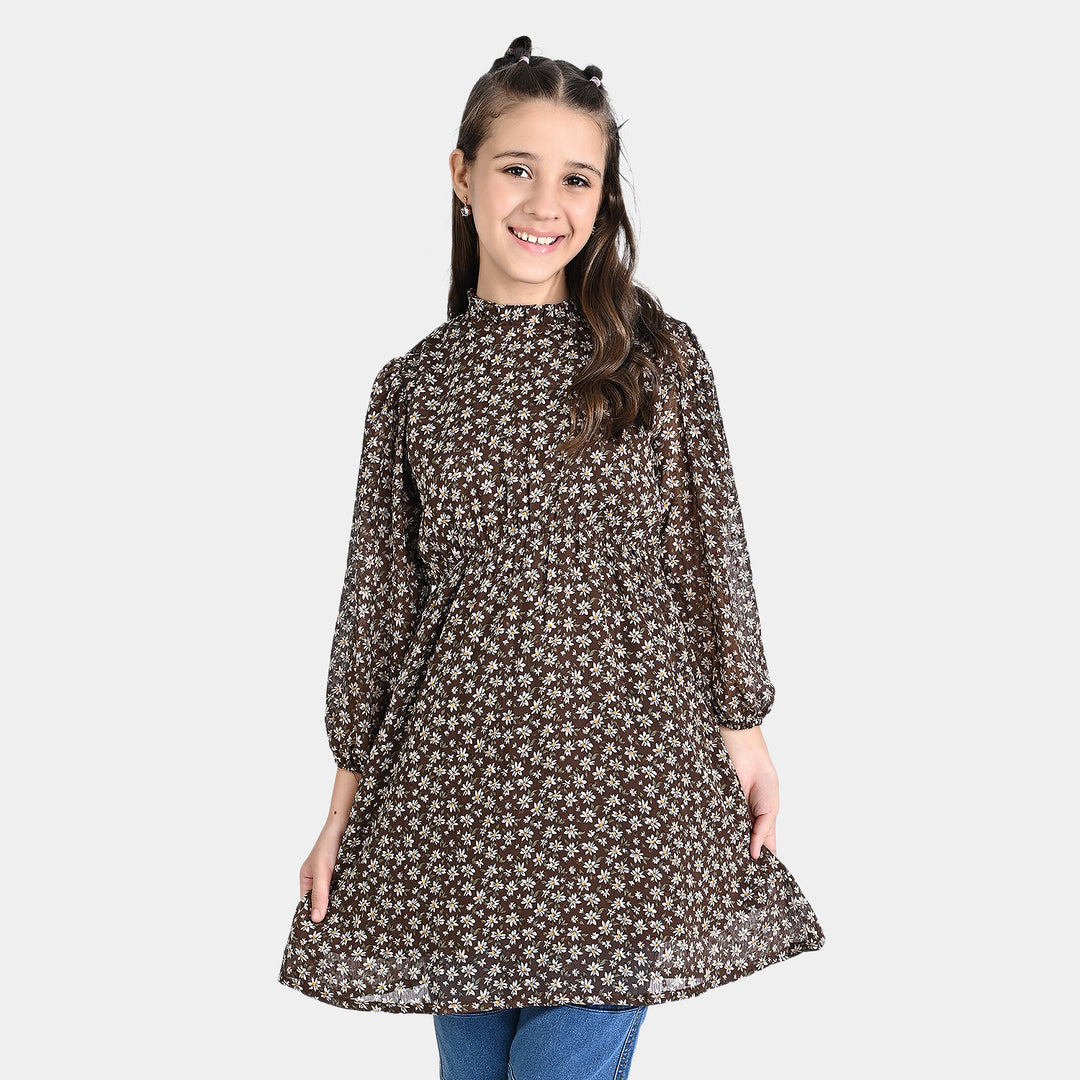 Girls Chiffon Casual Frock Mock Neck-BROWN