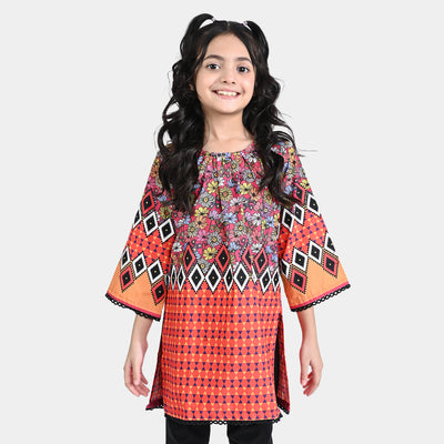 Girls Cotton Poplin Printed Kurti Fan Flowers-Multi