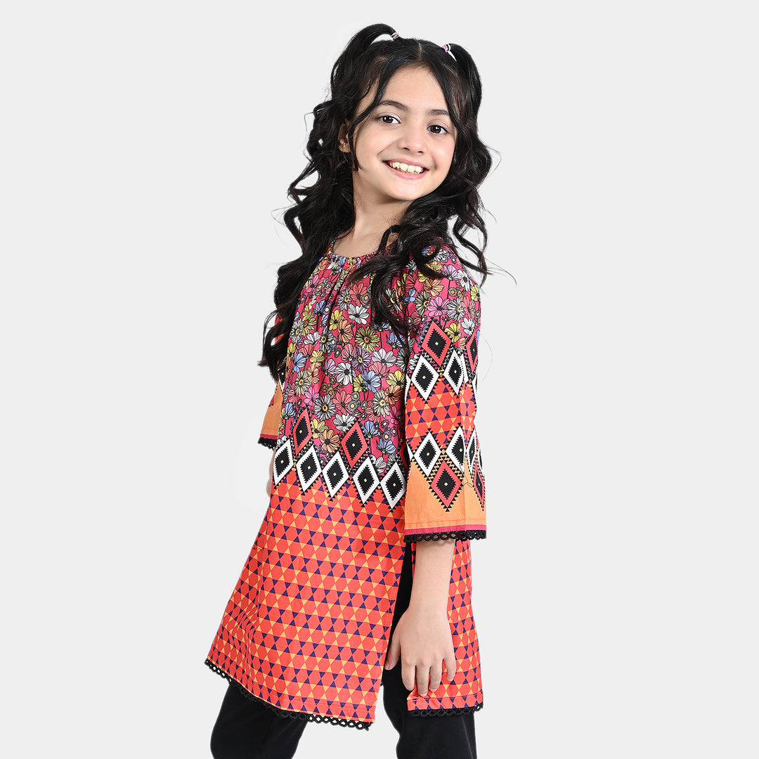 Girls Cotton Poplin Printed Kurti Fan Flowers-Multi