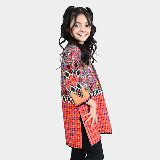 Girls Cotton Poplin Printed Kurti Fan Flowers-Multi