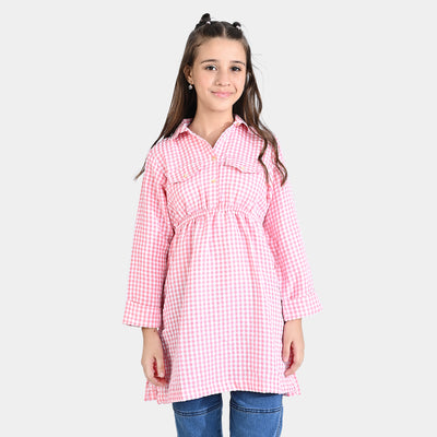 Girls Poly Cotton Casual Frock-Pink