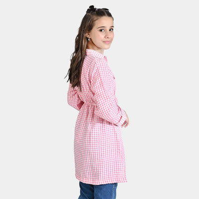 Girls Poly Cotton Casual Frock-Pink