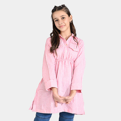 Girls Poly Cotton Casual Frock-Pink