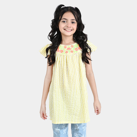 Girls Poly Cotton Casual Frock Stripe-Yellow