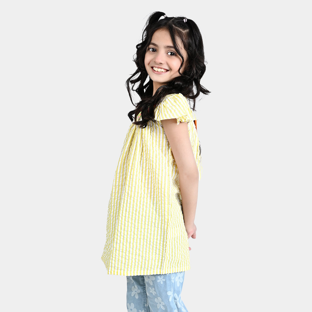 Girls Poly Cotton Casual Frock Stripe-Yellow