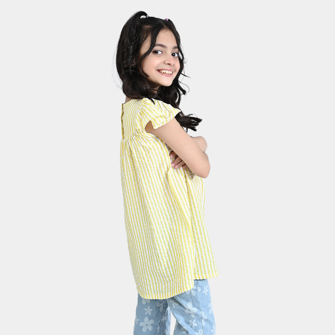 Girls Poly Cotton Casual Frock Stripe-Yellow