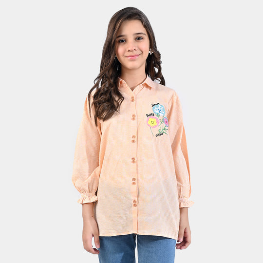 Girls Poly Cotton EMB Top Bubble Flower-Peach