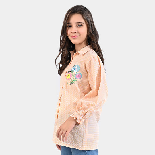 Girls Poly Cotton EMB Top Bubble Flower-Peach