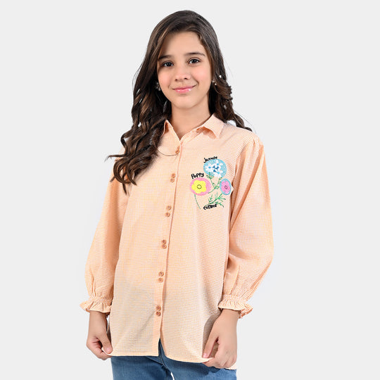 Girls Poly Cotton EMB Top Bubble Flower-Peach