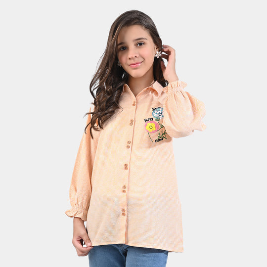 Girls Poly Cotton EMB Top Bubble Flower-Peach