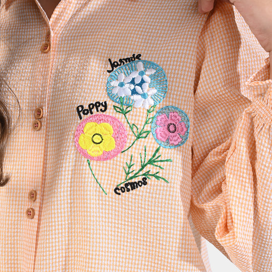 Girls Poly Cotton EMB Top Bubble Flower-Peach