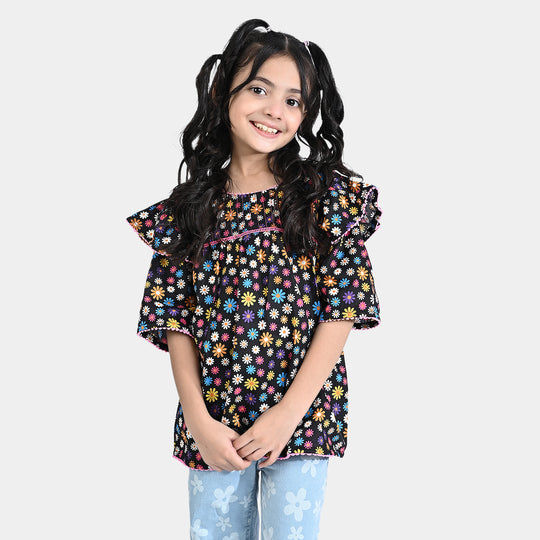 Girls Cotton Poplin Casual Top Caviar-Multi